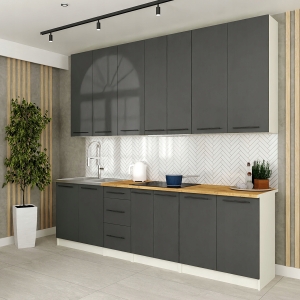 Meble kuchenne z BLATEM - 2,6 m - FLIP szary - wysokie góry na 100 cm