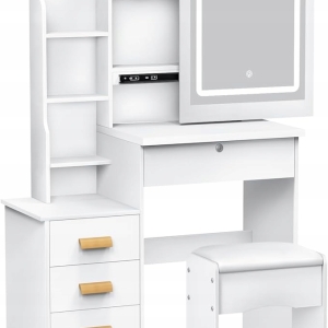 TOALETKA DO MAKIJAŻU LED Z LUSTREM NA PREZENT KOBIETY KOSMETYCZKA + TABORET